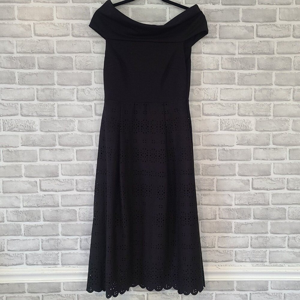 Banana Republic Black Midi Dress Laser Cut Ponte Size 4 Off Shoulder #704044 NWT